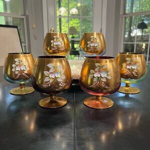 Bohemian Czech Vintage Tre Fuochi Hand Painted Crystal Gold Gilt Brandy Snifter
